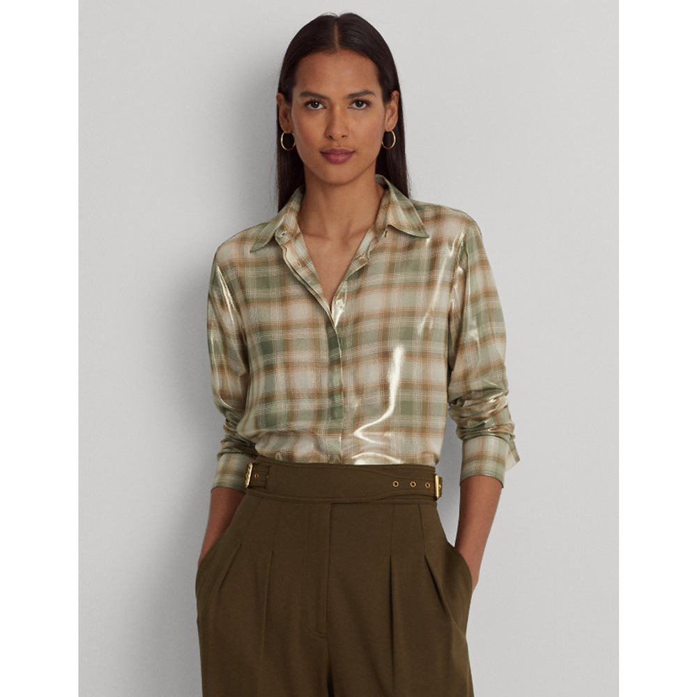 Lauren Ralph Lauren Shadow-Plaid Metallic Georgette Shirt Cream Olive Size M - Picture 4 of 4